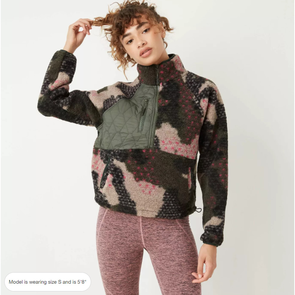 Women's 1/2 Zip Sherpa Pullover Sweatshirt - JoyLab; Camo Print Size M - NWT